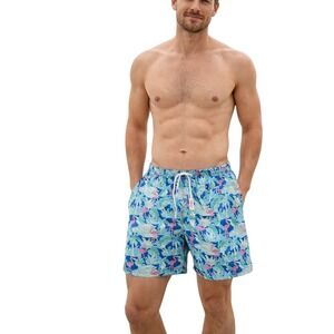 Men's Flamingo Tropical Swim Trunks Blue Green  Pattern Elastic Waist Drawstring